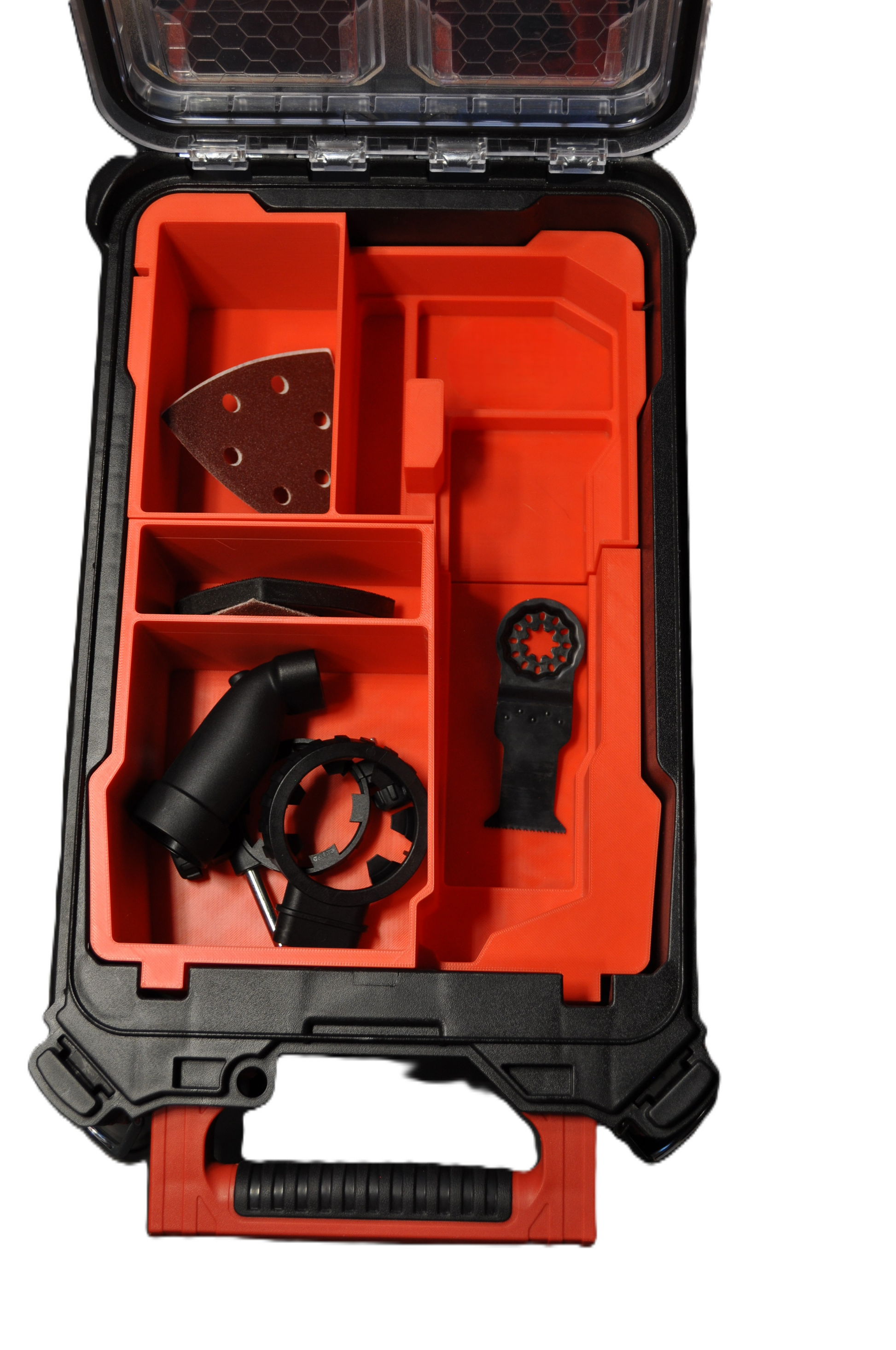 Close-up of the Milwaukee Packout Insert for M12 Fuel Oscillating Multi-Tool 2526-20 – Insert Only, featuring compartments for secure tool storage and protection during transport.