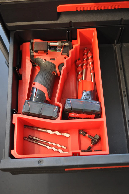 Milwaukee M12 Fuel Impact Driver Gen 3 Packout Insert organizing tools, demonstrating efficient storage for the driver and accessories.