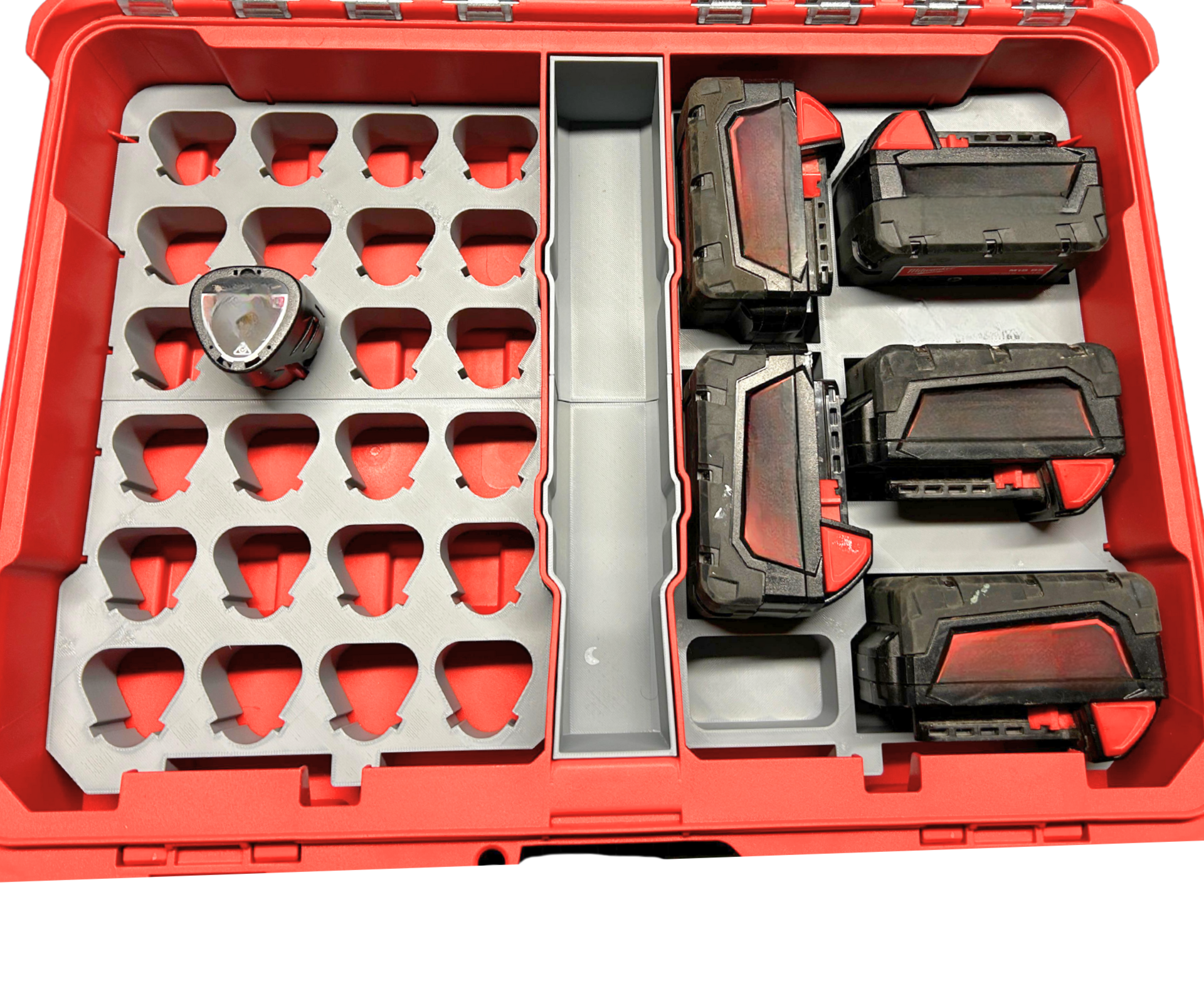 Packout Insert to Suit 25x Milwaukee M18 & M12 Batteries – Compatible with Packout 48228430 Organiser, featuring clearly delineated battery storage compartments and a robust insert design.