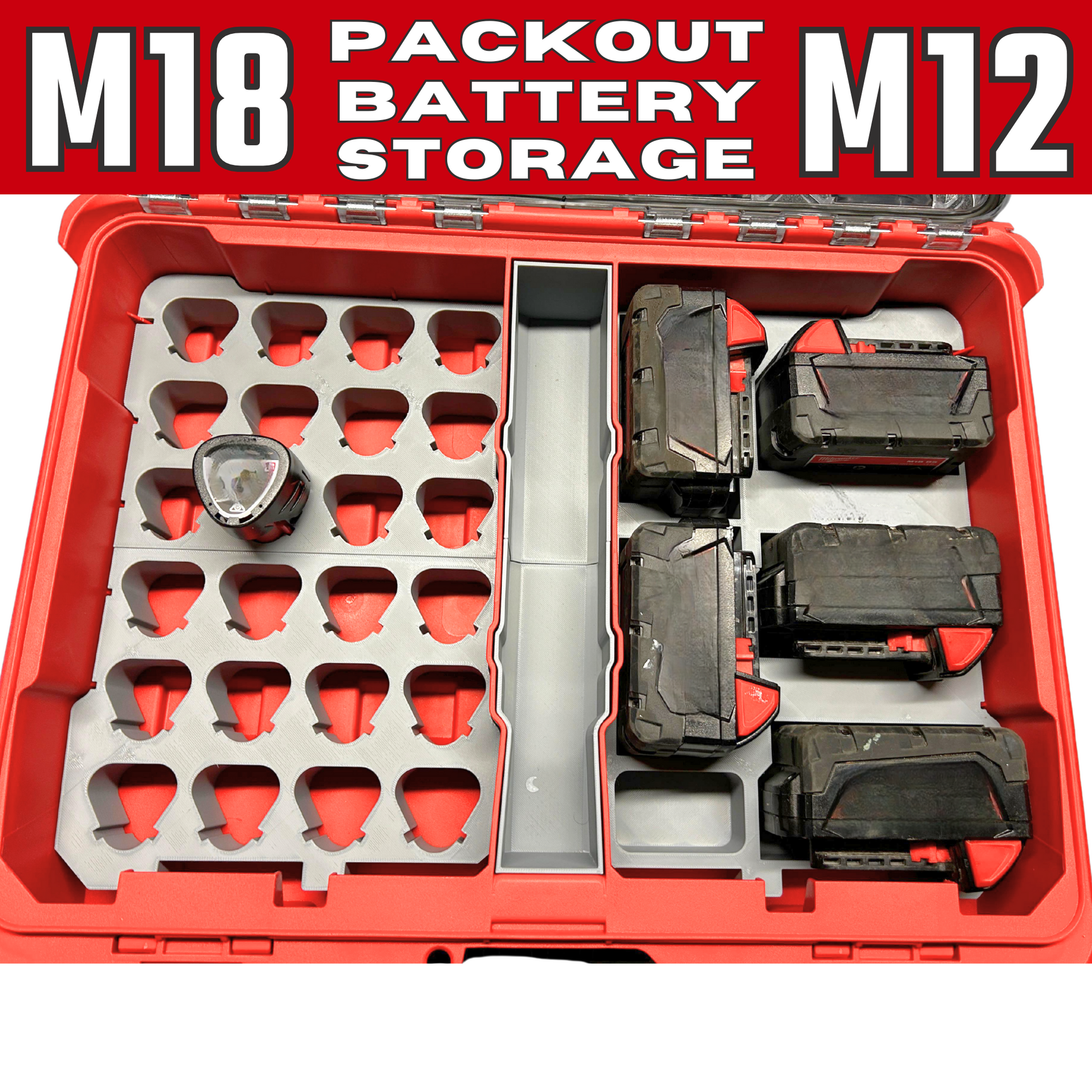 Packout Insert to Suit 25x Milwaukee M18 & M12 Batteries – Compatible with Packout 48228430 Organiser, displaying an overview of the battery organization system with M18 and M12 compatibility.