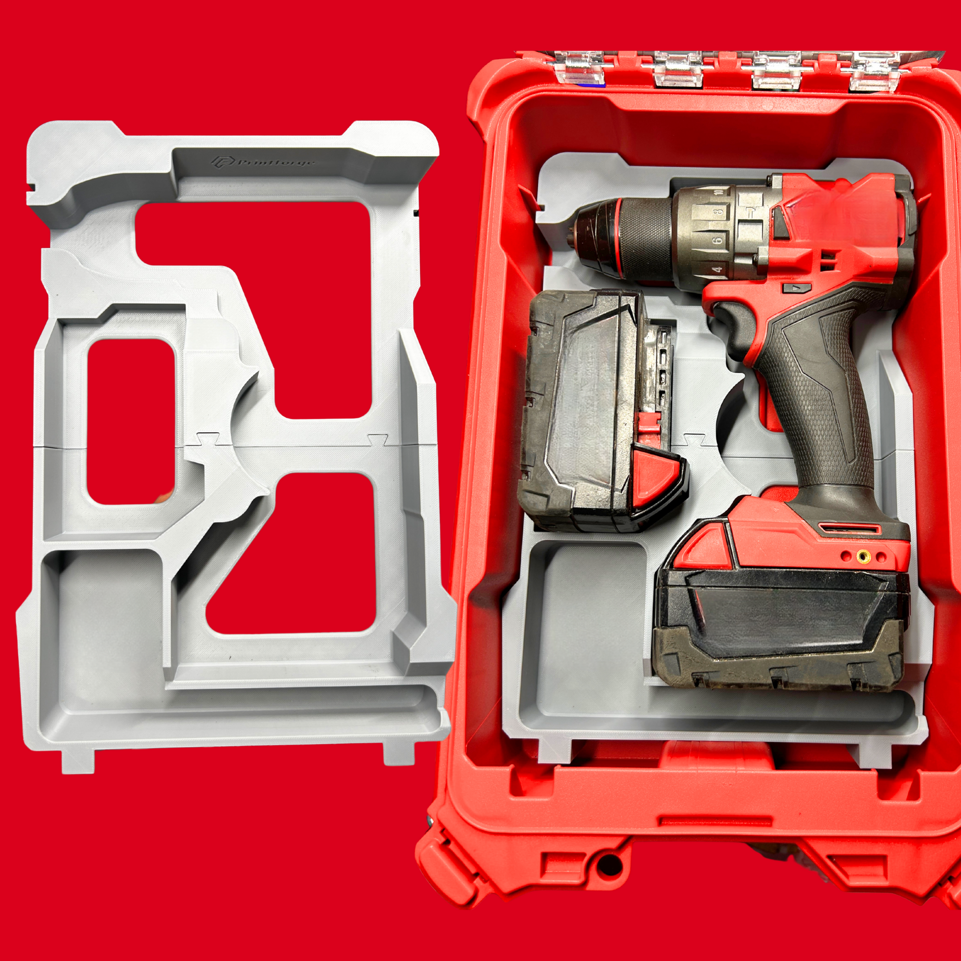 Packout Insert to Suit M18FPD2 / 2804-20 Hammer Drill – Fits Milwaukee Packout 48228435. Image features a durable PETG tray insert specifically molded for the Milwaukee M18 Gen 3 Hammer Drill, neatly organized inside a red Packout toolbox.