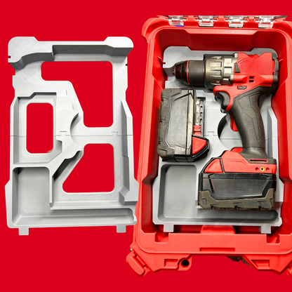 Packout Insert to Suit M18FPD2 / 2804-20 Hammer Drill – Fits Milwaukee Packout 48228435. Image features a durable PETG tray insert specifically molded for the Milwaukee M18 Gen 3 Hammer Drill, neatly organized inside a red Packout toolbox.