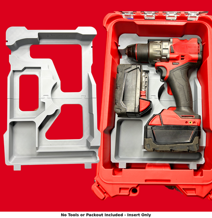 Packout Insert to Suit M18FPD2 / 2804-20 Hammer Drill – Fits Milwaukee Packout 48228435. Image shows a precision-engineered PETG insert designed to hold the Milwaukee M18 Gen 3 Hammer Drill securely within a red Packout toolbox.