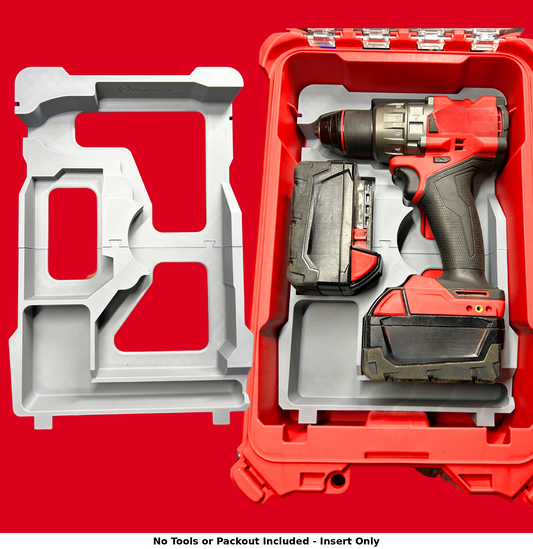 Packout Insert to Suit M18FPD2 / 2804-20 Hammer Drill – Fits Milwaukee Packout 48228435. Image shows a precision-engineered PETG insert designed to hold the Milwaukee M18 Gen 3 Hammer Drill securely within a red Packout toolbox.