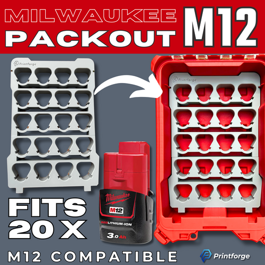 Milwaukee Packout M12 Compatible Insert holds 20x batteries. Features optimized design for Milwaukee Packout toolbox. Ideal for M12B2 and M12B3 battery storage.