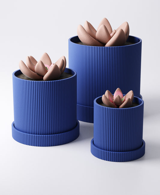 Linea Planter – Ridged Vertical Stripe Pot with Tray (Set of 3) | Modern Cylindrical Indoor Planters in Matte Finish