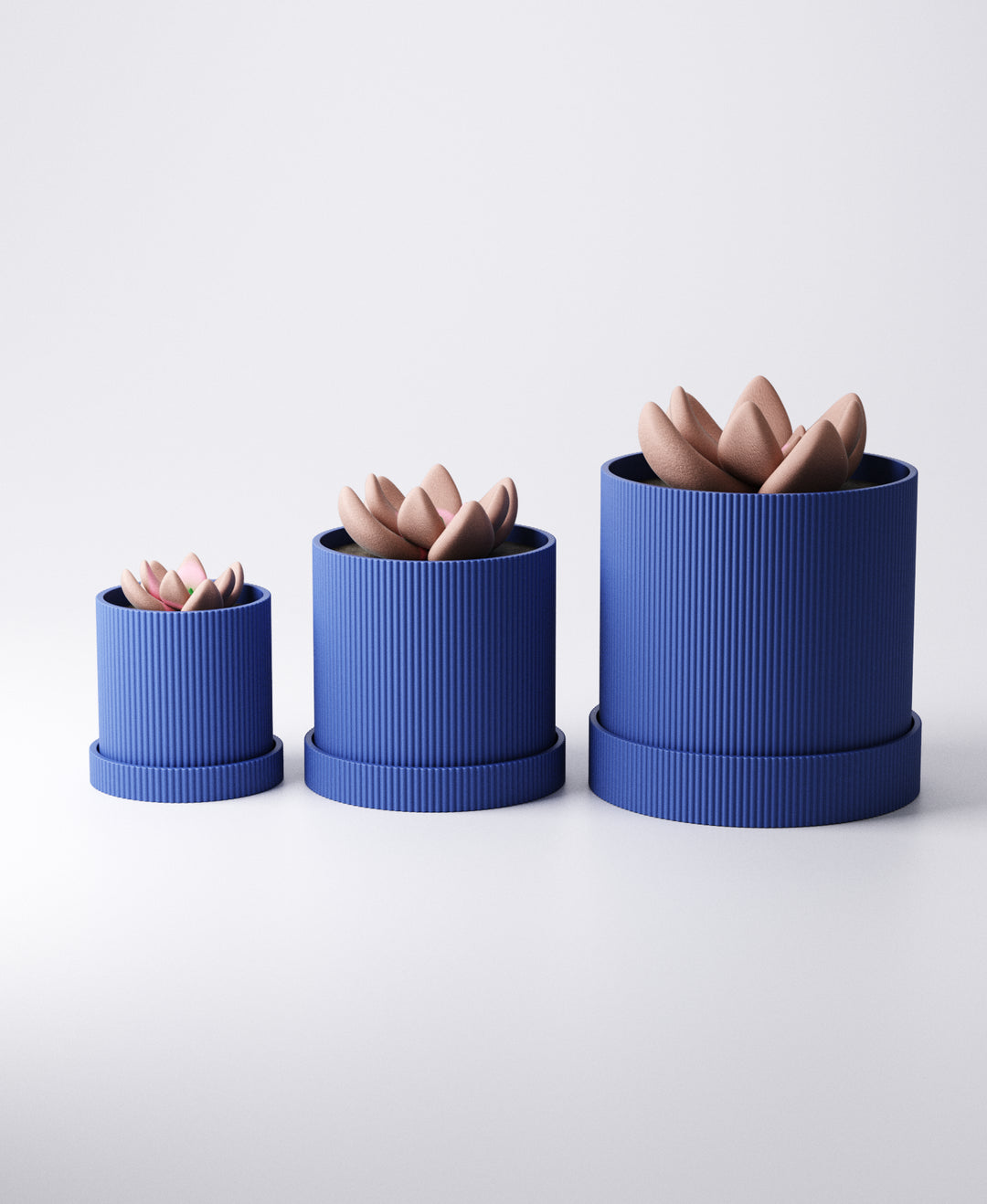 Linea Planter – Ridged Vertical Stripe Pot with Tray (Set of 3) | Modern Cylindrical Indoor Planters in Matte Finish