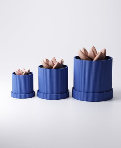 Linea Planter – Ridged Vertical Stripe Pot with Tray (Set of 3) | Modern Cylindrical Indoor Planters in Matte Finish