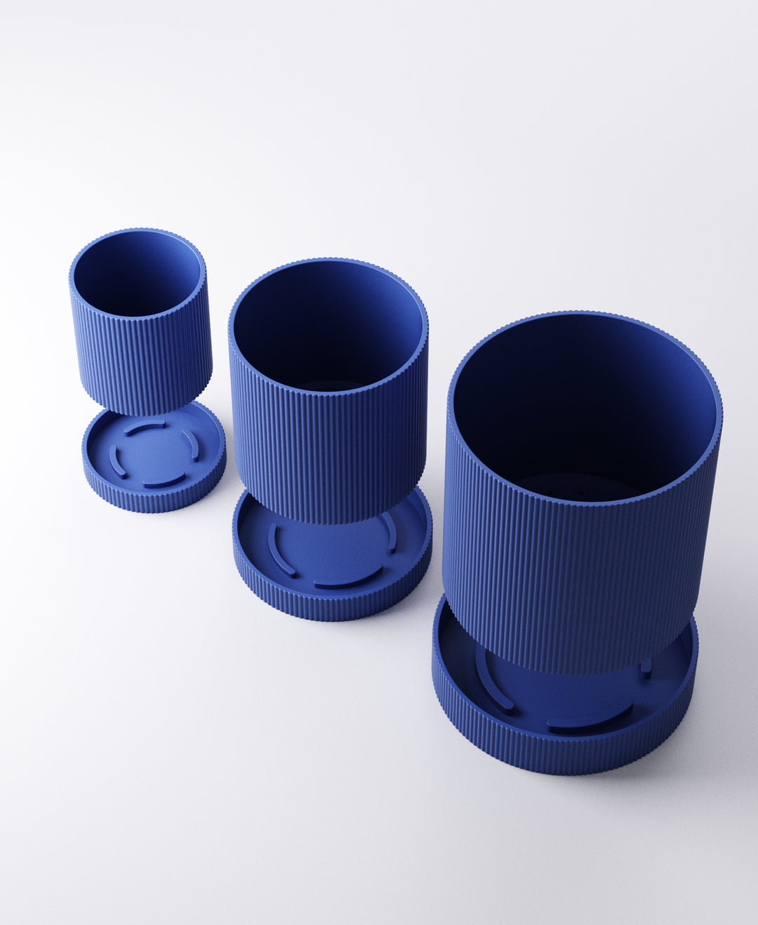 Linea Planter – Ridged Vertical Stripe Pot with Tray (Set of 3) | Modern Cylindrical Indoor Planters in Matte Finish