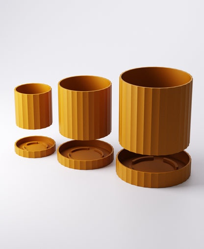 Ripple Planter Set of 3 with Drip Trays – Sculptural Modern Indoor Plant Pots | Flowing Textured Accent