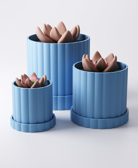 Arco Planter Large – Ridged Pot with Drip Tray | Modern 14 × 14 × 14 cm Indoor Plant Pot