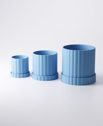 Arco Planter Set of 3 – Ridged Indoor Plant Pots with Drip Trays | Modern Small, Medium & Large Planters