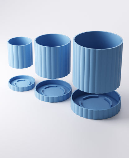 Arco Planter Small – Ridged Pot with Drip Tray | Modern 8 × 8 × 8 cm Indoor Plant Pot