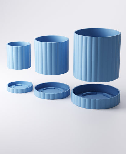 Arco Planter Small – Ridged Pot with Drip Tray | Modern 8 × 8 × 8 cm Indoor Plant Pot