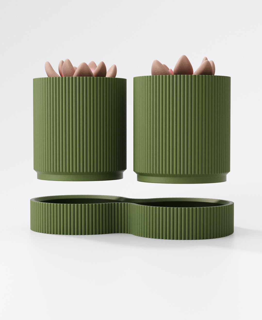 Gemini Duo Planter (Ribbed Walls) with Drip Tray – Modern Twin Indoor Plant Pots