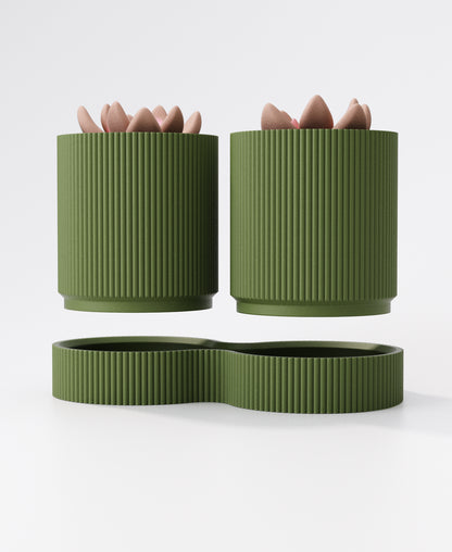 Gemini Duo Planter (Ribbed Walls) with Drip Tray – Modern Twin Indoor Plant Pots