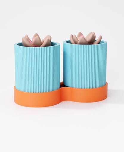 Gemini Duo Planter (Ribbed Walls) with Drip Tray – Modern Twin Indoor Plant Pots