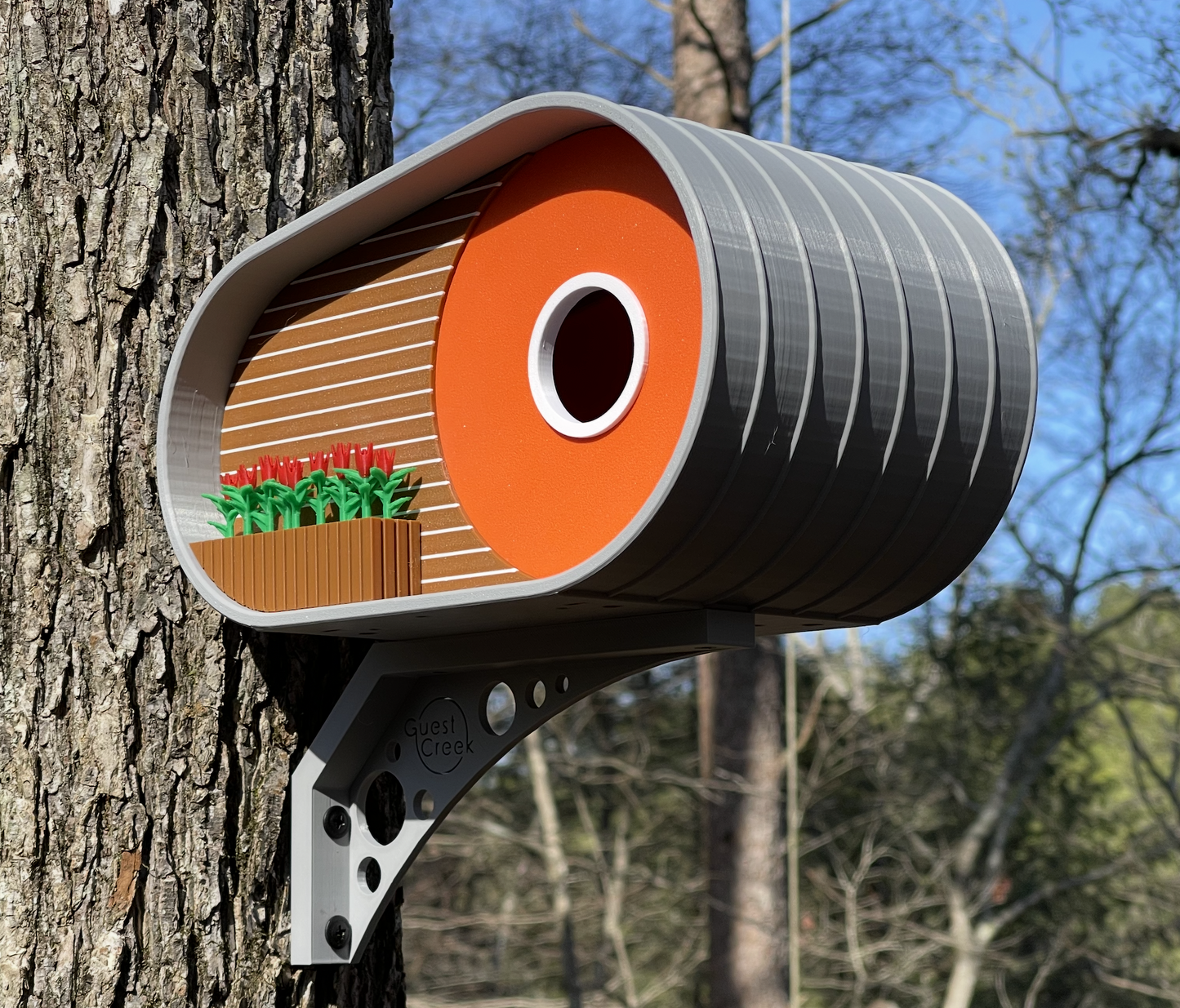 Modern Orange Birdhouse Sculpture - Architectural Garden Feature