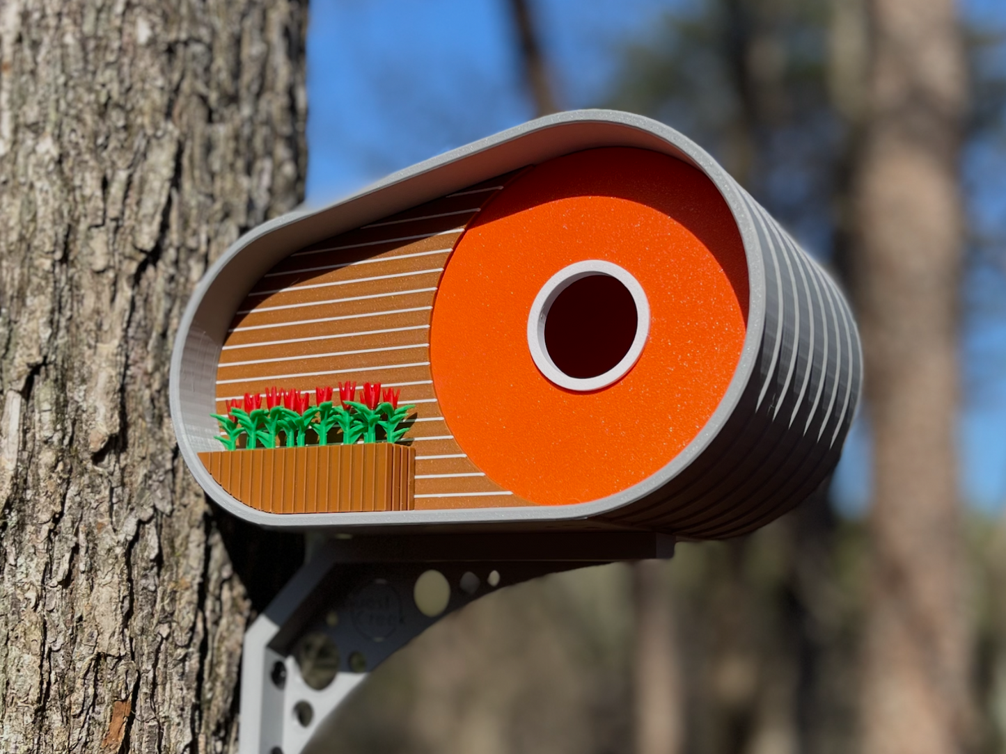 Modern Orange Birdhouse Sculpture - Architectural Garden Feature