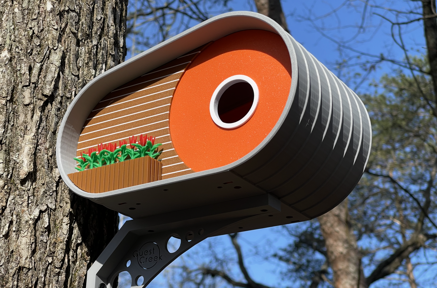 Modern Orange Birdhouse Sculpture - Architectural Garden Feature