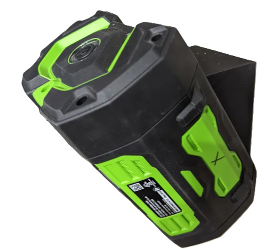 EGO Flat Wall Mount Battery Holder for 56V ARC Lithium Battery LB6020 showcasing the battery securely mounted with a sleek black and green design.