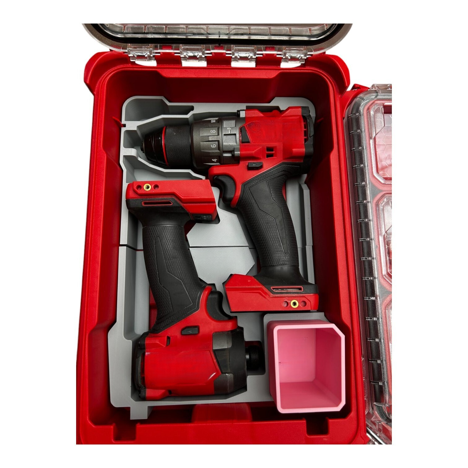 Packout Insert to Suit M18 Fuel or Brushless Drill & Impact – Compatible with Milwaukee Packout Toolbox 48-22-8435. Close-up image of a Milwaukee Packout toolbox with M18 Fuel drill and impact driver positioned neatly inside.