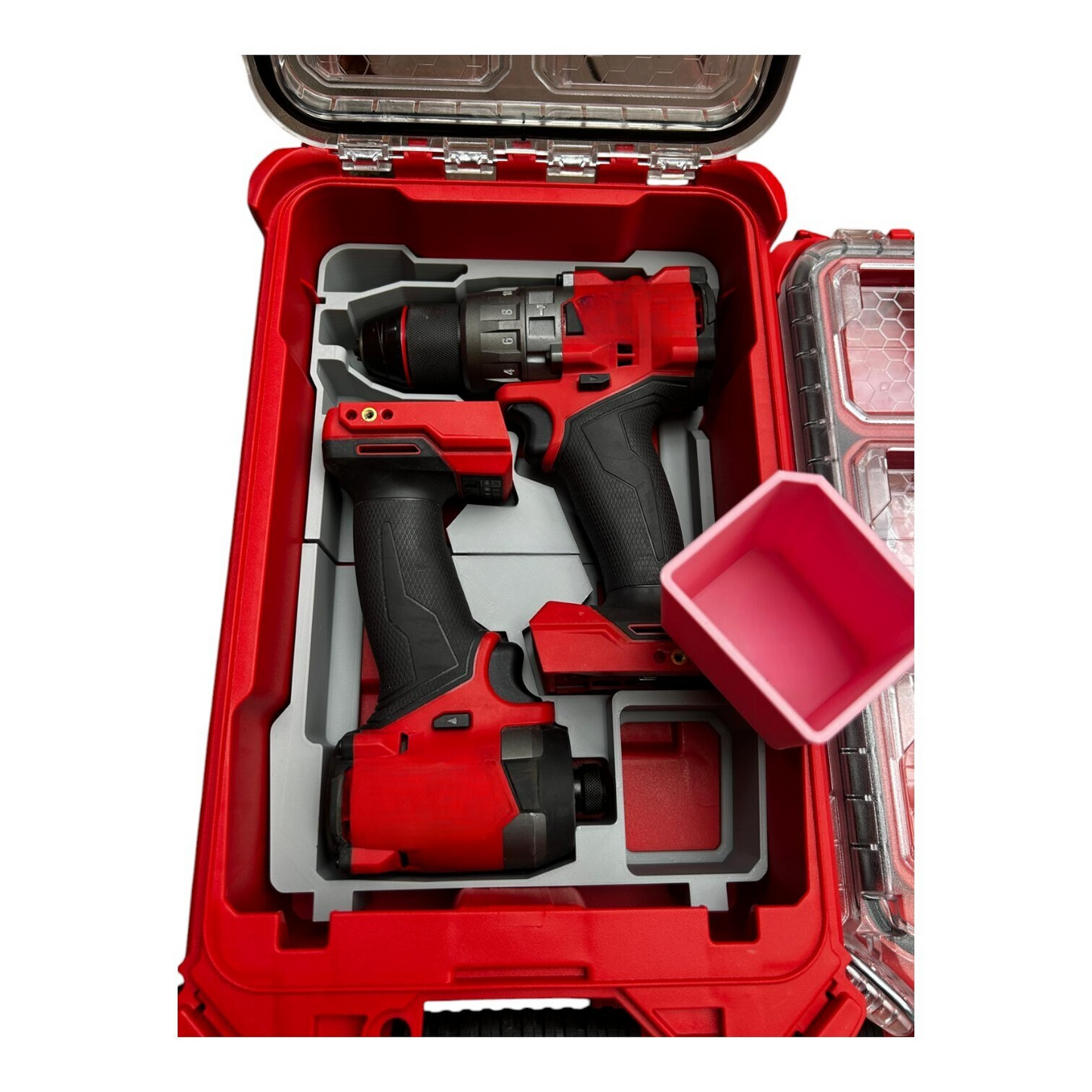 Packout Insert to Suit M18 Fuel or Brushless Drill & Impact – Compatible with Milwaukee Packout Toolbox 48-22-8435. Image shows a red toolbox containing a Milwaukee M18 Fuel drill and impact driver securely stored together.
