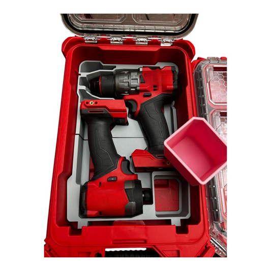 Packout Insert to Suit M18 Fuel or Brushless Drill & Impact – Compatible with Milwaukee Packout Toolbox 48-22-8435. Image shows a red toolbox containing a Milwaukee M18 Fuel drill and impact driver securely stored together.
