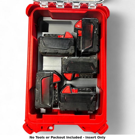 Milwaukee Packout insert designed to hold 5x M18B5 batteries securely inside a toolbox for optimal organization. Insert only, no tools or Packout included.