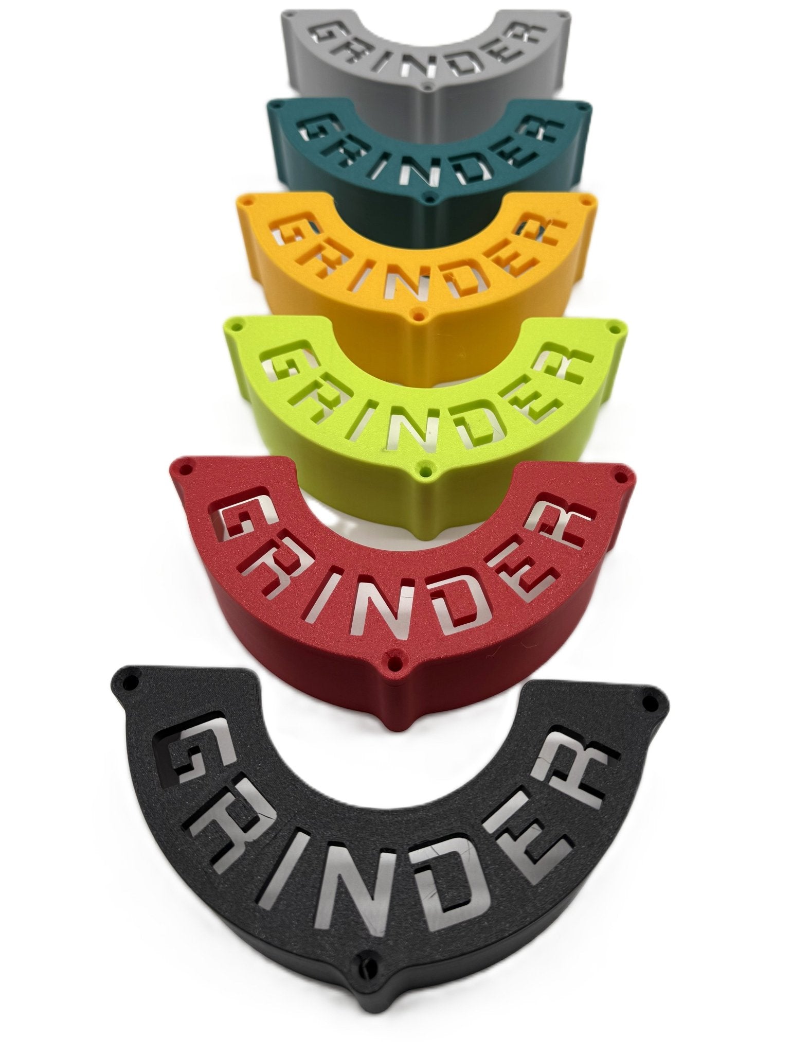 Colorful collection of Angle Grinder Wall Mounts in various shades including red, green, orange, and blue, each uniquely displaying 'GRINDER' for vibrant tool storage.