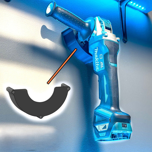 Angle Grinder Wall Mount with a 5-inch grinder securely held in place, showcasing heavy-duty design and organized storage space.