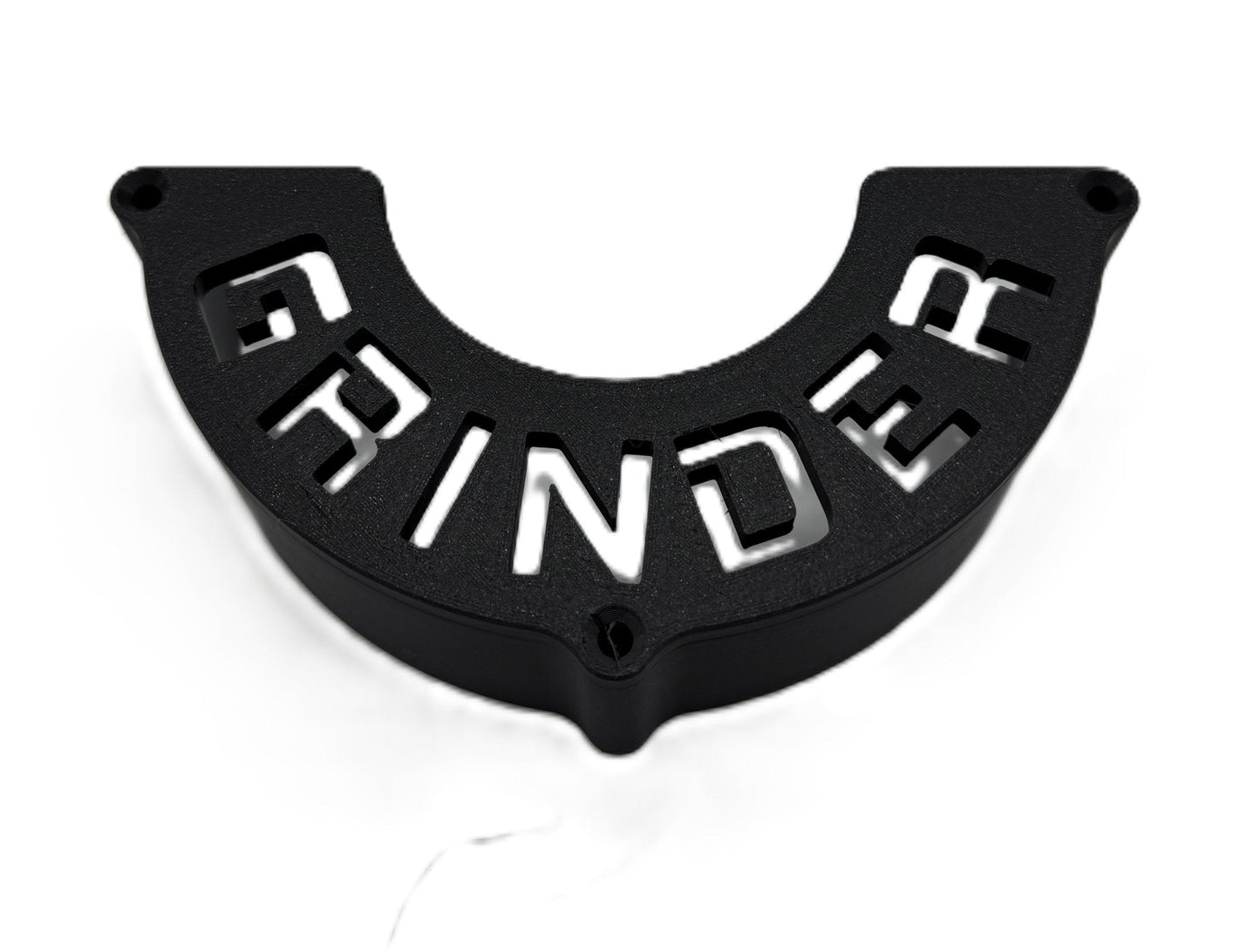Sleek black Angle Grinder Wall Mount with the word 'GRINDER' cut out, designed for efficient tool organization and easy access in any workshop.
