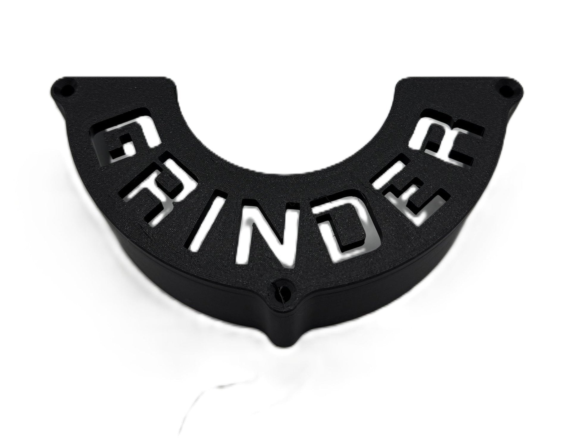 Sleek black Angle Grinder Wall Mount with the word 'GRINDER' cut out, designed for efficient tool organization and easy access in any workshop.
