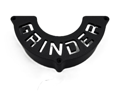 Sleek black Angle Grinder Wall Mount with the word 'GRINDER' cut out, designed for efficient tool organization and easy access in any workshop.