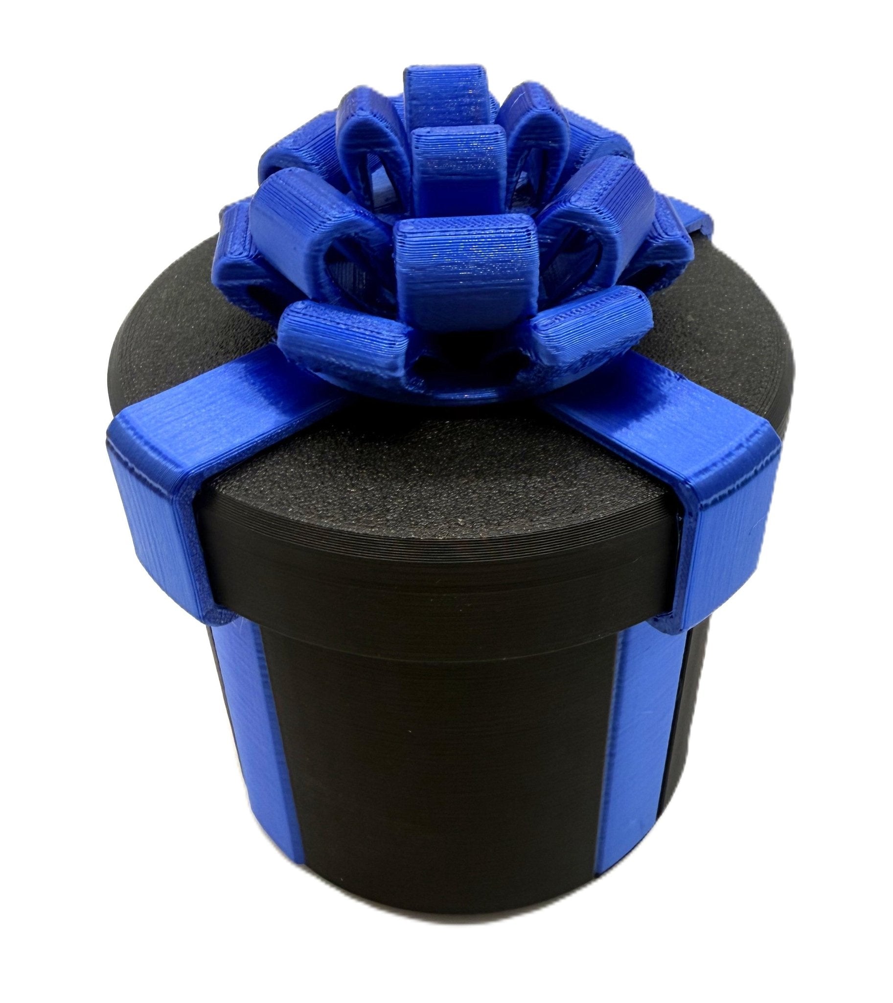 Black gift box embellished with a bright blue bow, part of the Annoying Gift Box Prank Set - Hilarious Gag Gift Box Puzzle Challenge for Cash.