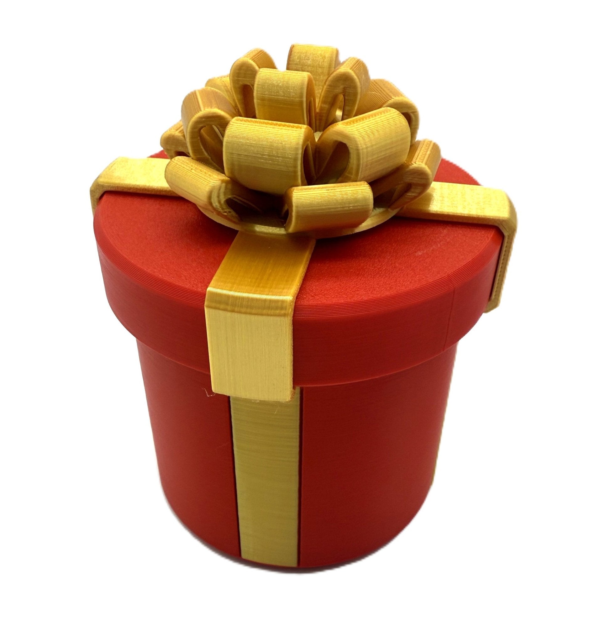 Red gift box featuring a shiny golden bow, designed for the Annoying Gift Box Prank Set - Hilarious Gag Gift Box Puzzle Challenge for Cash.