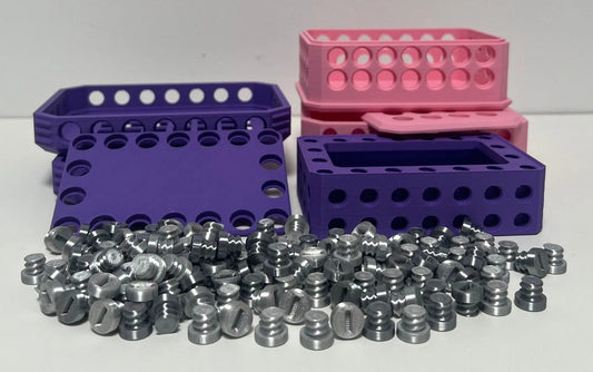 Challenging Card Holder Gift Box in Purple, Pink, and Silver featuring vibrant card holders in purple, pink, and silver with a background of decorative metallic screws, perfect for elevating workspace organization.