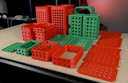 Colorful Card Holder Puzzle Box with 666 Screws, featuring a vibrant assortment of red and green designs on a table surface.