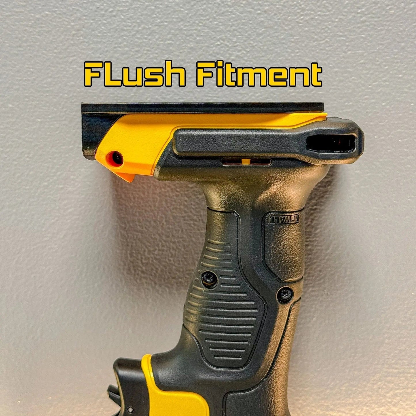 Close-up of the Dewalt 18V Heavy-Duty Wall Mount Tool Organizer's flush fitment feature, highlighting the precision design for secure tool storage.
