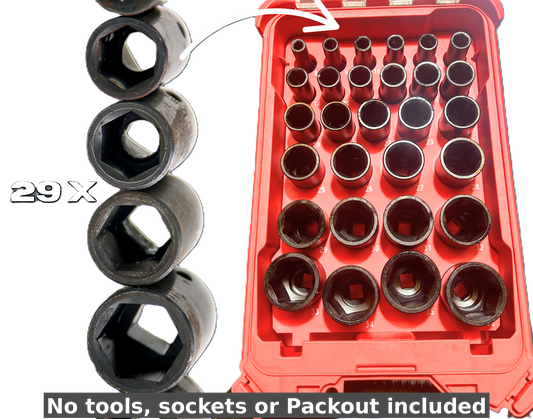Packout Insert to Suit Metric Deep Socket Set – Compatible with Milwaukee Packout Toolbox System showing a tray filled with metric deep sockets ranging from 8mm to 32mm, designed for organization with a clear label space and a durable construction. No tools, sockets, or Packout included.