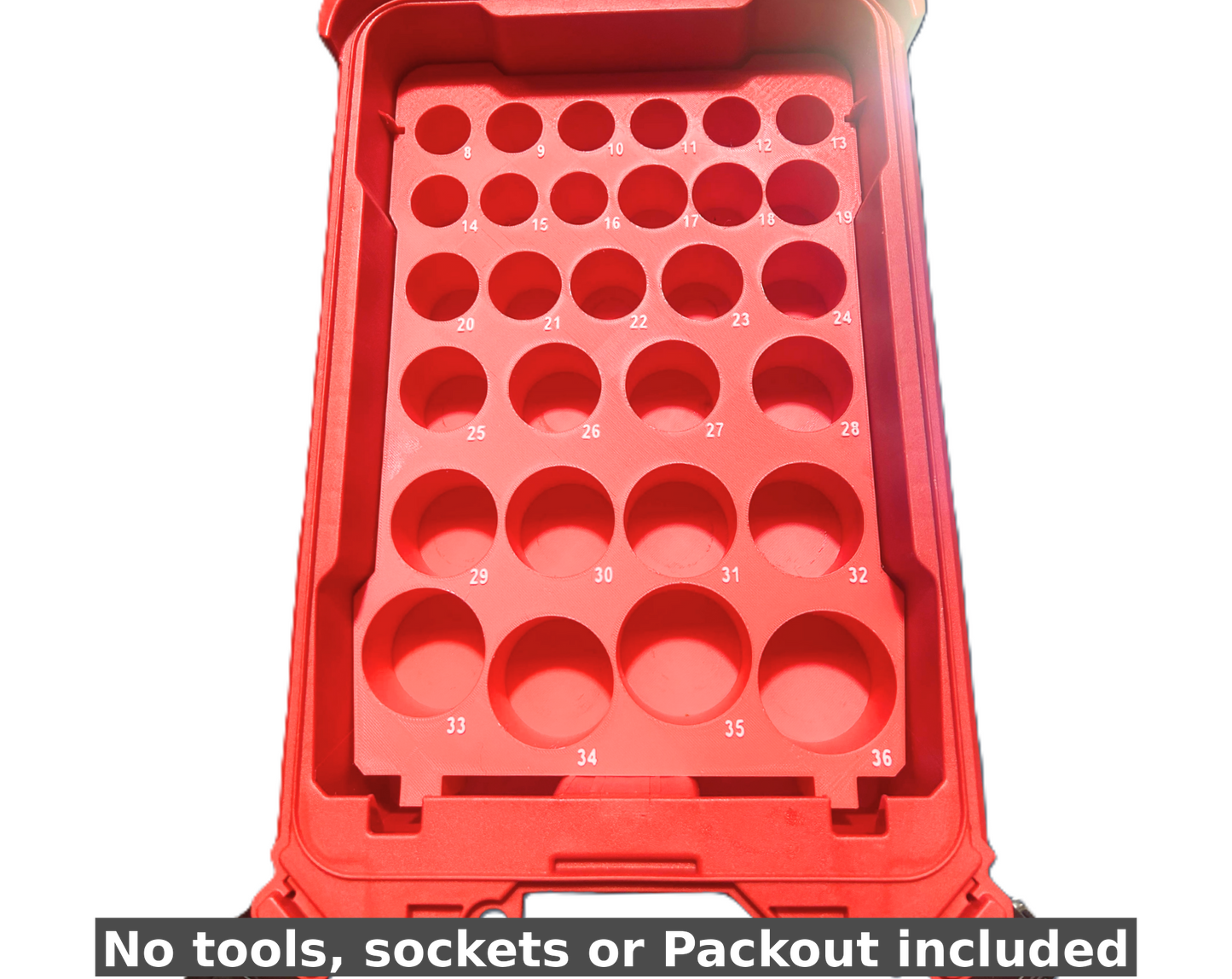 Interior view of the Packout Insert for Metric Deep Socket Set, designed for Milwaukee Packout Toolbox, displaying space for 1/2" metric sockets (8mm–32mm) with a reminder that no tools or sockets are included.