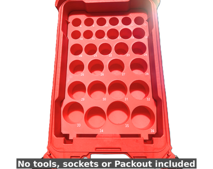 Interior view of the Packout Insert for Metric Deep Socket Set, designed for Milwaukee Packout Toolbox, displaying space for 1/2" metric sockets (8mm–32mm) with a reminder that no tools or sockets are included.