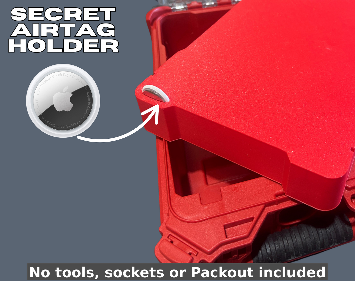 Close-up of the Packout Insert featuring a secret airtag holder, compatible with Milwaukee Packout Toolbox System, designed for 1/2" metric deep sockets (8mm–32mm) with a note that no tools or sockets are included.