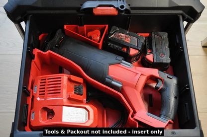 Milwaukee M18 Fuel Sawzall Insert compatible with Packout - USA 2821-20, showcasing organized tools in a tool storage box. Tools and Packout not included.