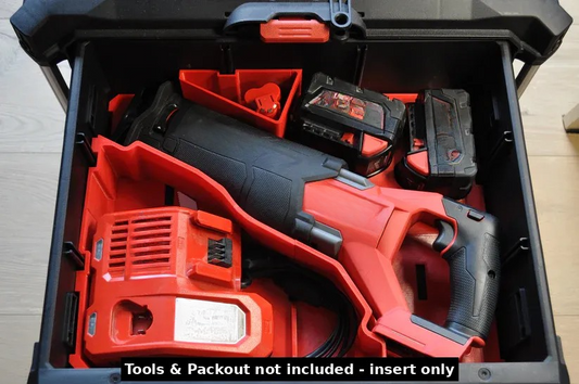 Milwaukee M18 Fuel Sawzall Insert compatible with Packout - USA 2821-20, showcasing organized tools in a tool storage box. Tools and Packout not included.