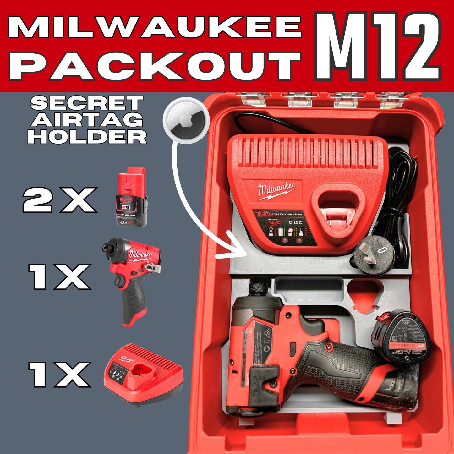 Packout Insert for M12 Impact Driver, Charger and Batteries – Fits 48-22-8435 | 3453-20, M12FID2-0 | 48-59-2401, C12C | M12B2, M12B4