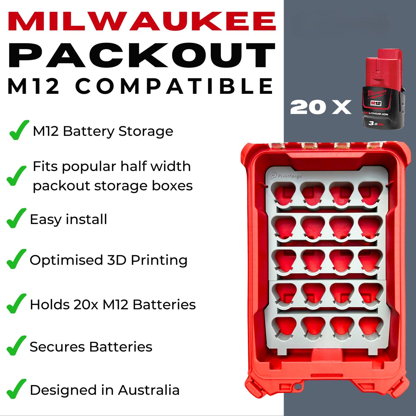 Packout Insert for M12B2 / 48-11-2420 and M12B3 / 48-11-2430 Batteries – Fits 48228435 | 20 Slot Battery Holder with Hidden AirTag Tray