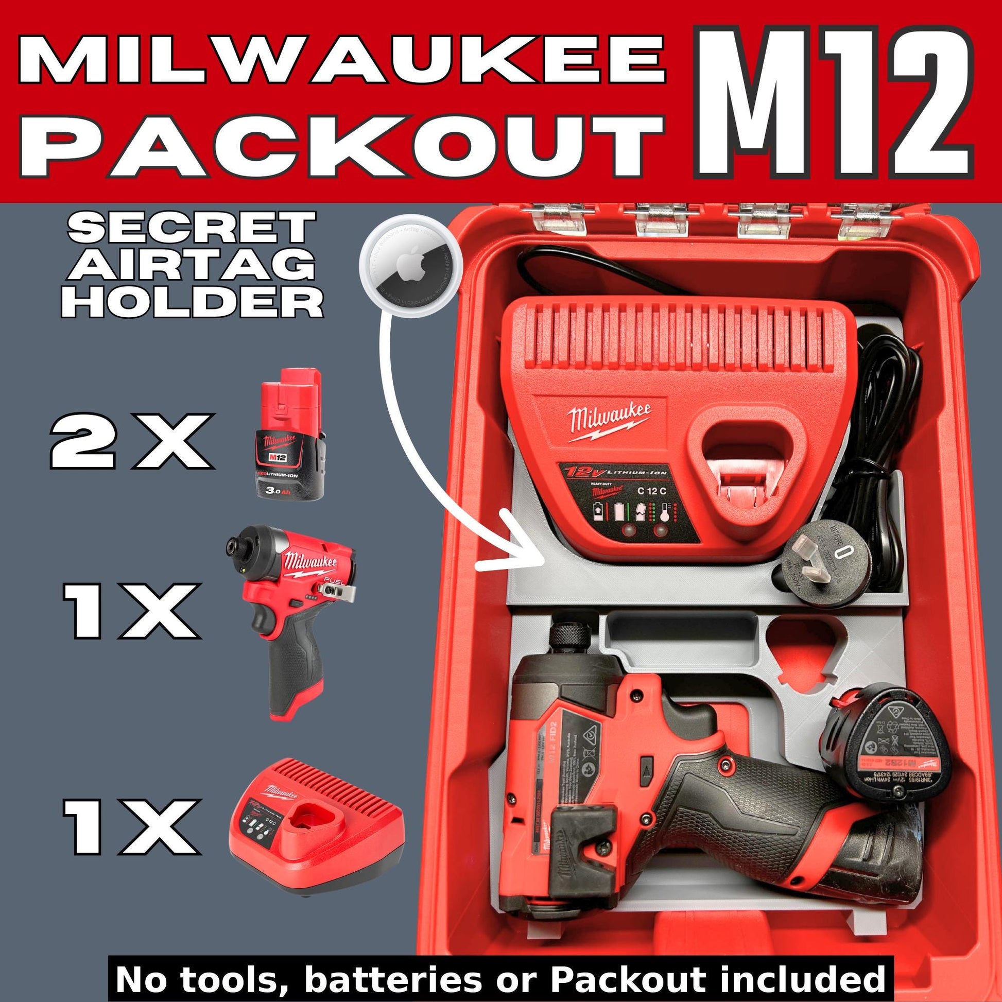 Packout Insert for M12 Impact Driver, Charger and Batteries – Fits 48-22-8435 | 3453-20, M12FID2-0 | 48-59-2401, C12C | M12B2, M12B4