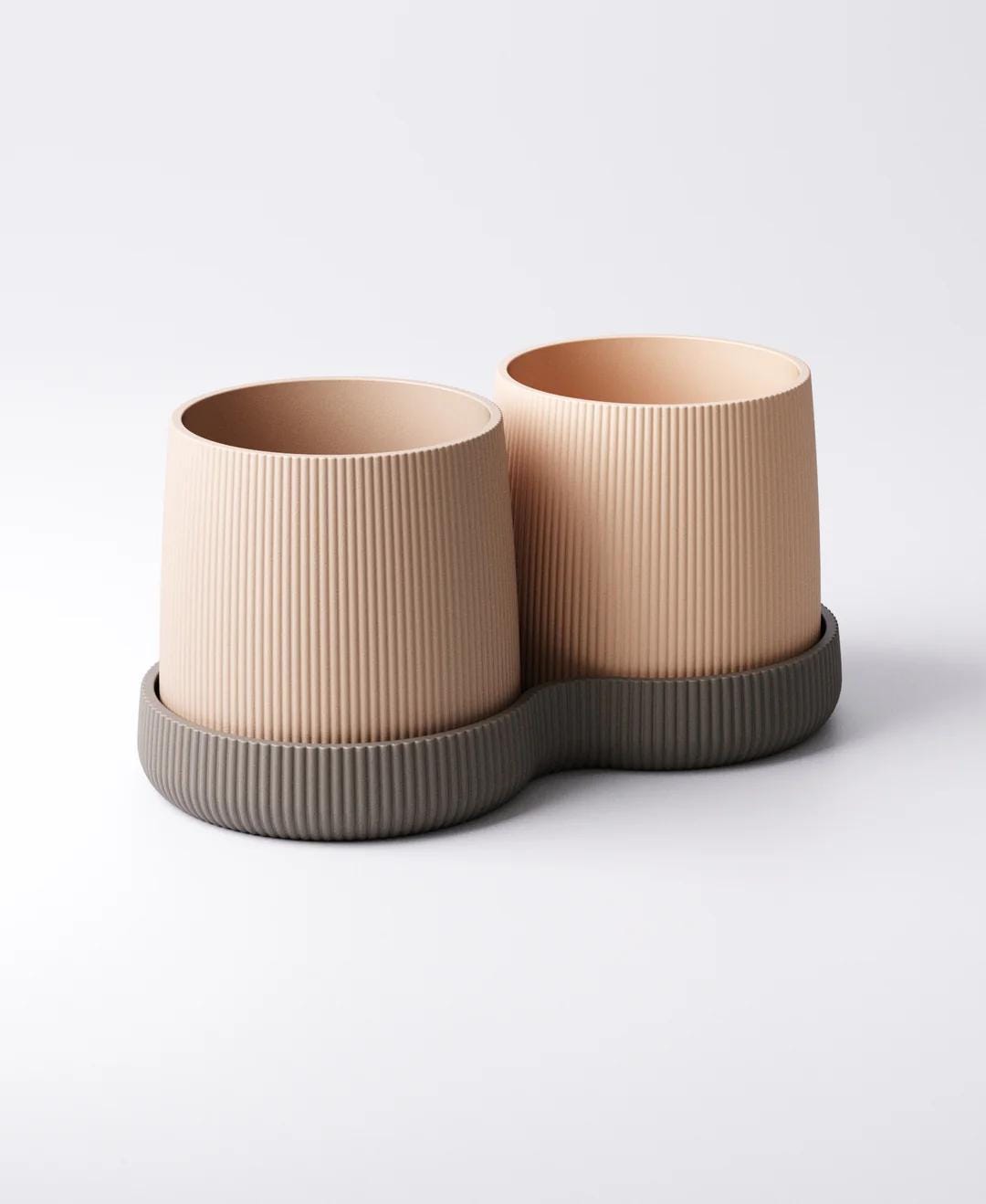 Gemini Column Planter with Drip Tray - Twin Ribbed Indoor Plant Pots