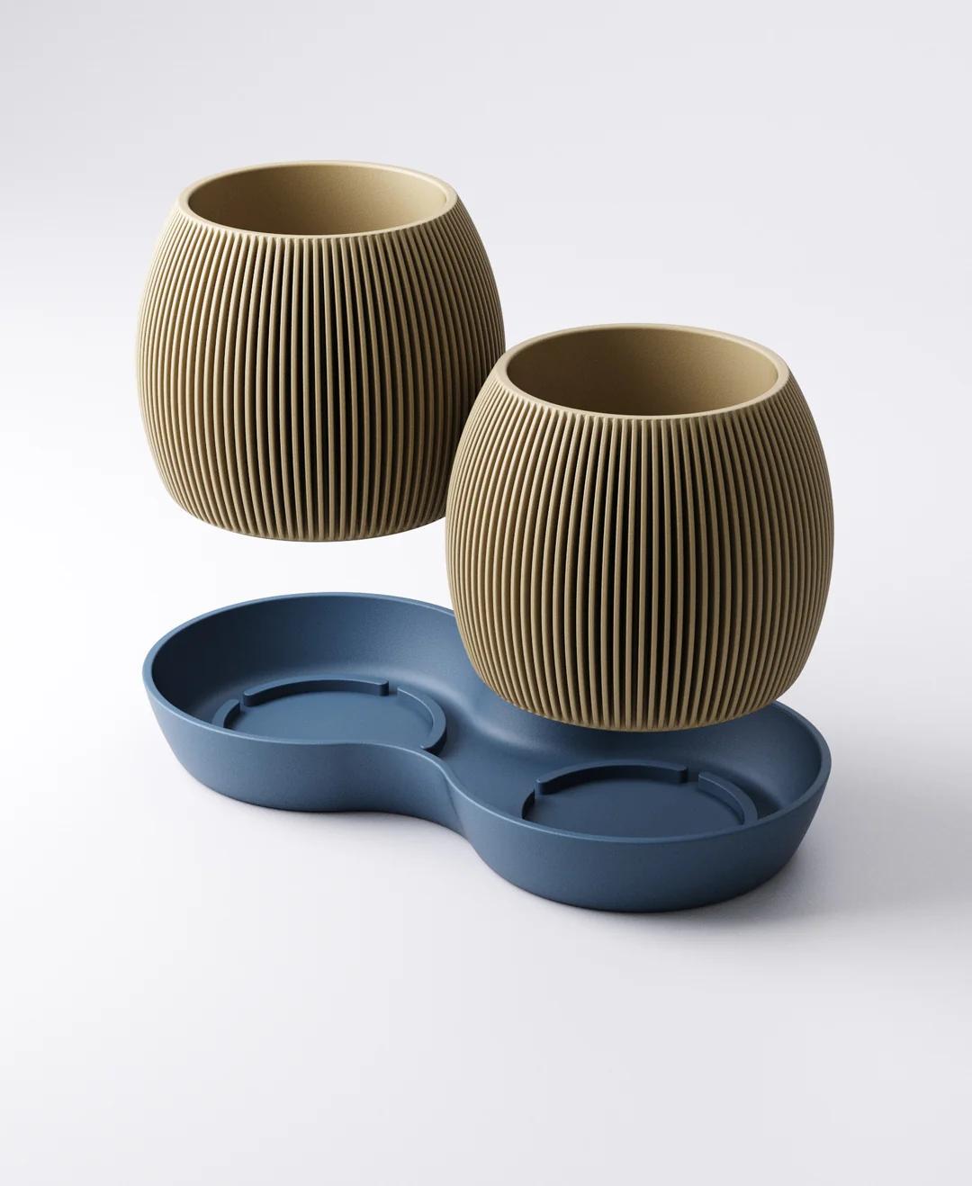 Gemini Orb Planter with Drip Tray - Twin Ribbed Round Pots | Sculptural Modern Indoor Accent